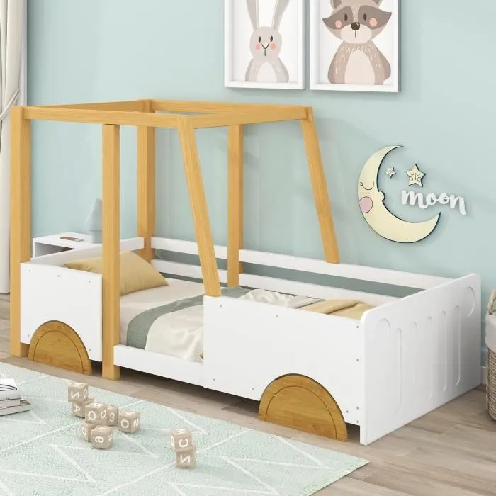 Lit enfant - DREAMMESPACE - Modèle Jeep - 90 x 200 cm - MDF et pin - Couleur Naturel + Blanc-0