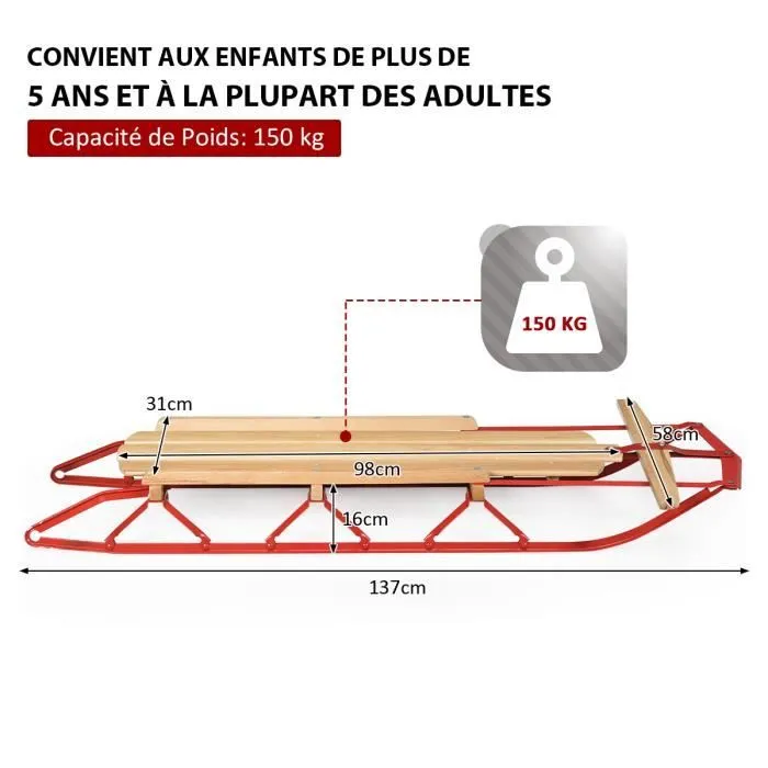 COSTWAY Luge en Bois 137cm Patins en Acier,Barre de Direction pour Neige Charge 150KG Adaptées aux Adultes et Enfants de 5 Ans+-3
