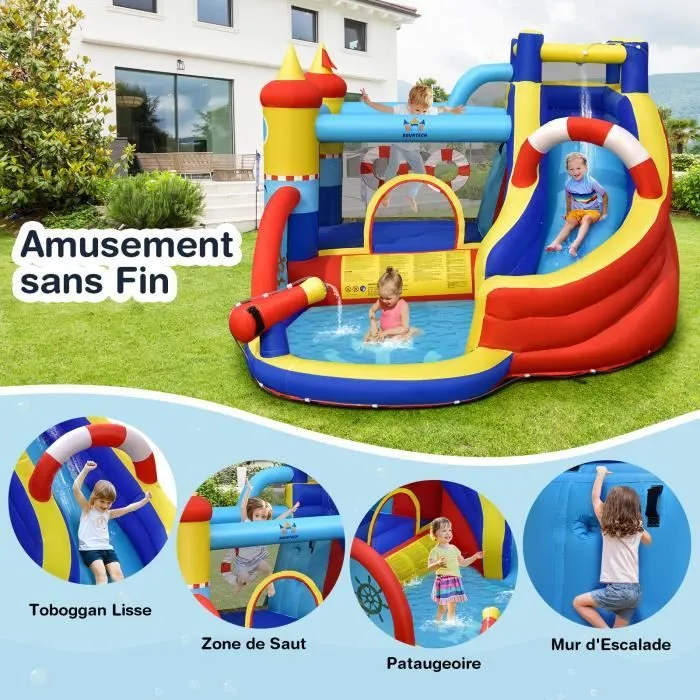 COSTWAY Aquatique Gonflable 6 en 1 avec Toboggan Incurvé Piscine à Eclaboussures Jeu Cible et Canon à Eau sans Gonfleur pour Enfants-2