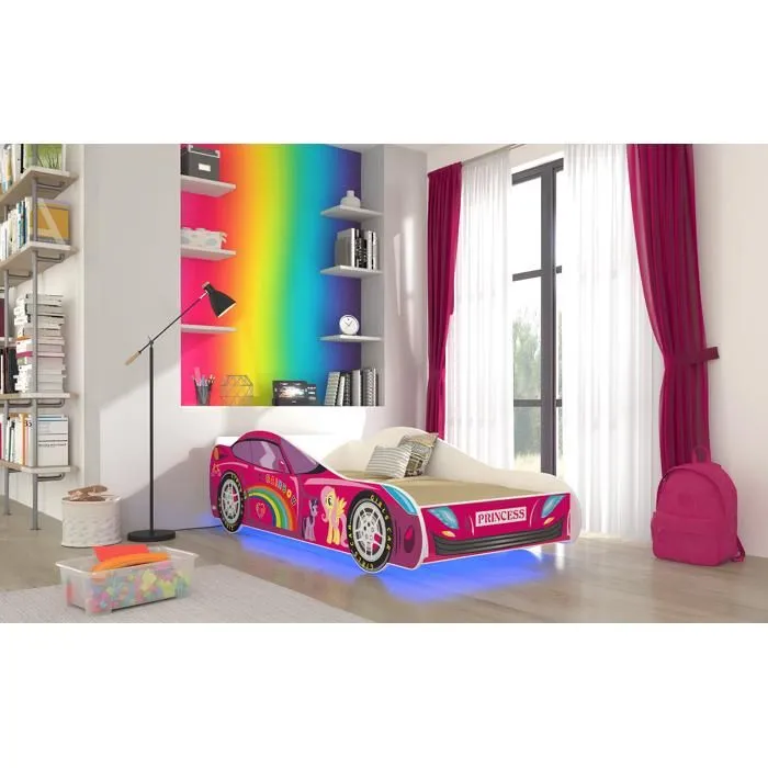 Lit enfant fille voiture licorne rose avec matelas et sommier inclus - 140 cm x 70 cm-1