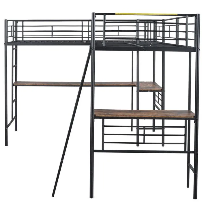 Lit mezzanine - Noir - 90x200cm - Table sous le lit - Double escalier - Garde-corps hauts-2