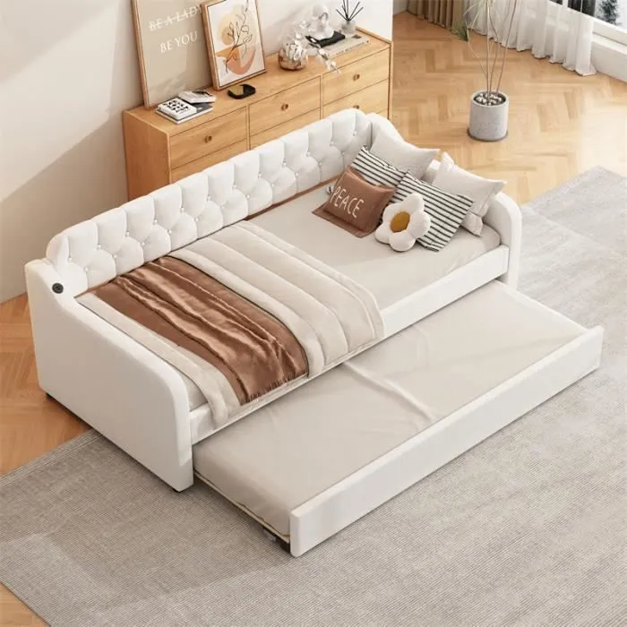 Canapé lit extensible - Beige - 90x200cm - Port USB - Design contemporain - 2/3 places-2