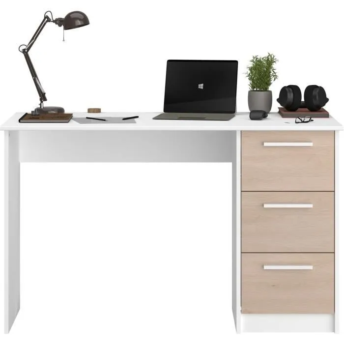 Bureau droit ESSENTIEL - 3 tiroirs - Décor chêne et blanc - L 121,2 x P 55 x H 74,5 cm - PARISOT-2
