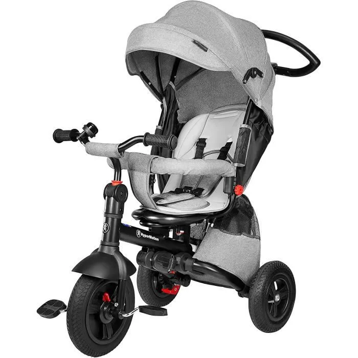HyperMotion Tricycle Evolutif Enfant 1 à 5 ans (25kg)| Vélo Poussette- Habillage Pluie Roue Pompée Siège Pivotant - Gris-0