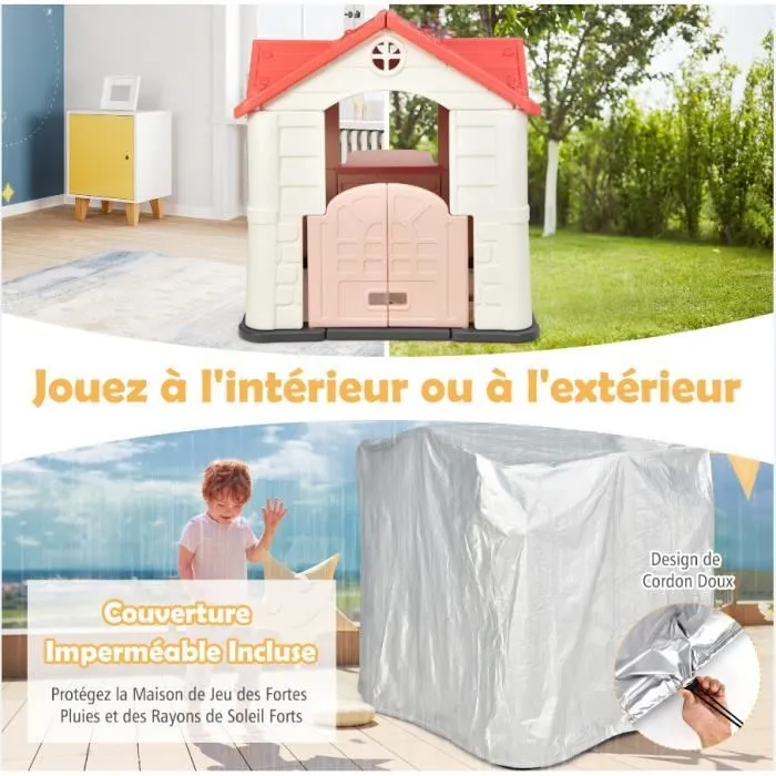 COSTWAY Maisonnette Enfants - 164x124x132 CM, Maison de Jeu avec Table de Pique Nique, Cabane de Jardin en PEHD Anti-UV Rose-2