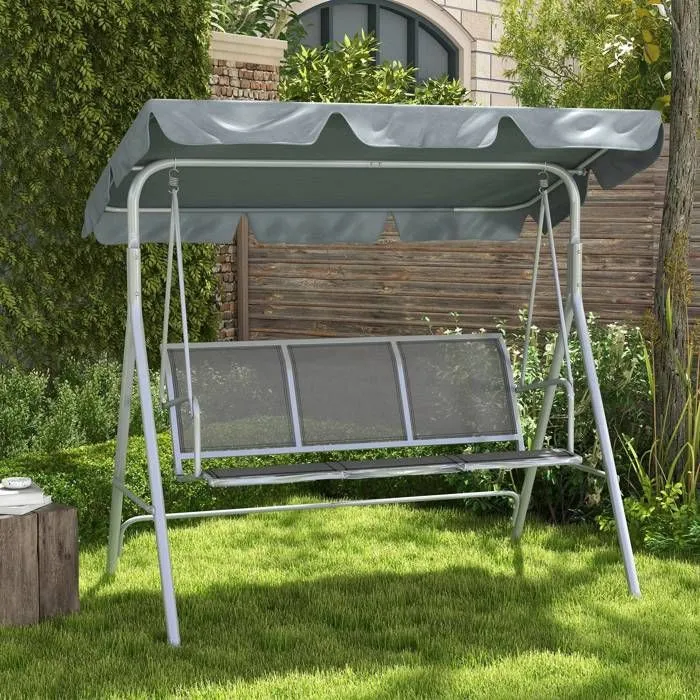 Balancelle de Jardin 3 Places - Outsunny - Toit imperméabilisé - Inclinaison réglable - Assise et Dossier Ergonomique - Gris-2