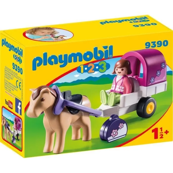 PLAYMOBIL 1.2.3 - 9390 - Carriole avec cheval pour enfant de 18 mois et plus-0