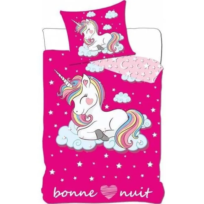 Licorne - Parure de couette 140x200 + taie d'oreiller + Drap Housse 90x190 Blanc - HOMEROKK-0