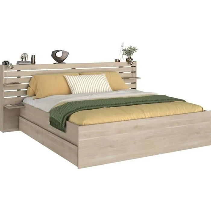 Lit adulte ESCALE 180x200 cm - Décor chêne du Japon - 2 tiroirs + Tête de lit - L235.4 x H98,2 x P216,8 cm - Fabriqué en France-0