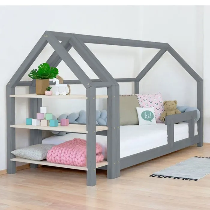 Lit cabane avec étagère 90 x 180 gris et naturel-1
