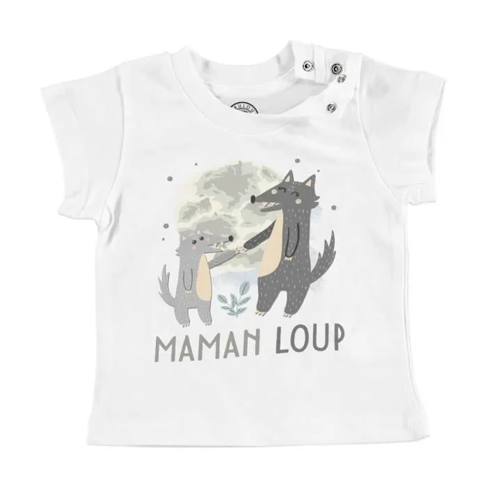 T-shirt Bébé Manche Courte Blanc Maman Loup et son Bébé Dessin Illustration Lune-0