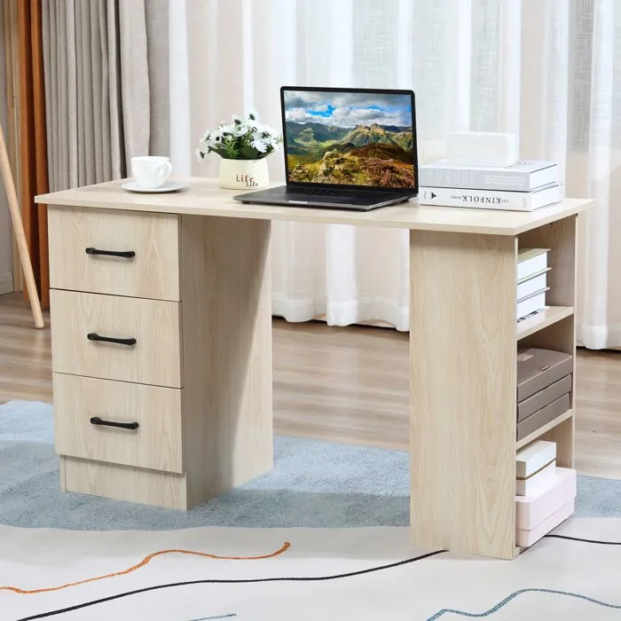 Bureau 120 x 50 cm - HOMCOM - étagères et tiroirs - pour petit espace, bureau à domicile, chambre à coucher - couleur bois-1