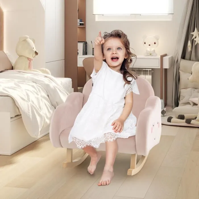 COSTWAY Fauteuil à Bascule pour Enfants, Canapé Chaise avec Cadre en Bois Massif , Tissu Velours Rose-1