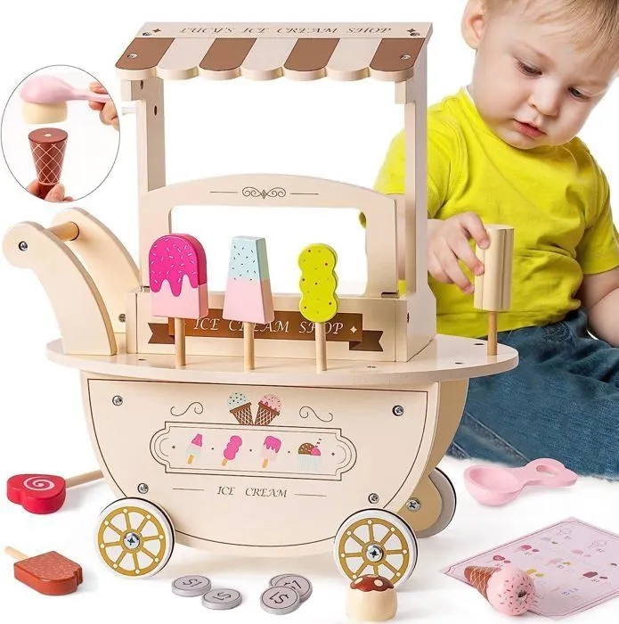 Marchande Enfant en Bois Mamabrum - Marchande Glace sur Roues avec Accessoires, Jouet en bois, Jouet éducatif pour Enfant 3+ans-5