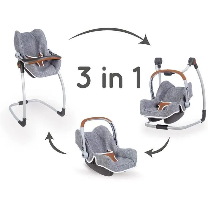 Smoby - Bébé Confort - Siège Gris + Chaise Haute 3 en 1 - Pour Poupons et Poupées - Fonction Balancelle-1