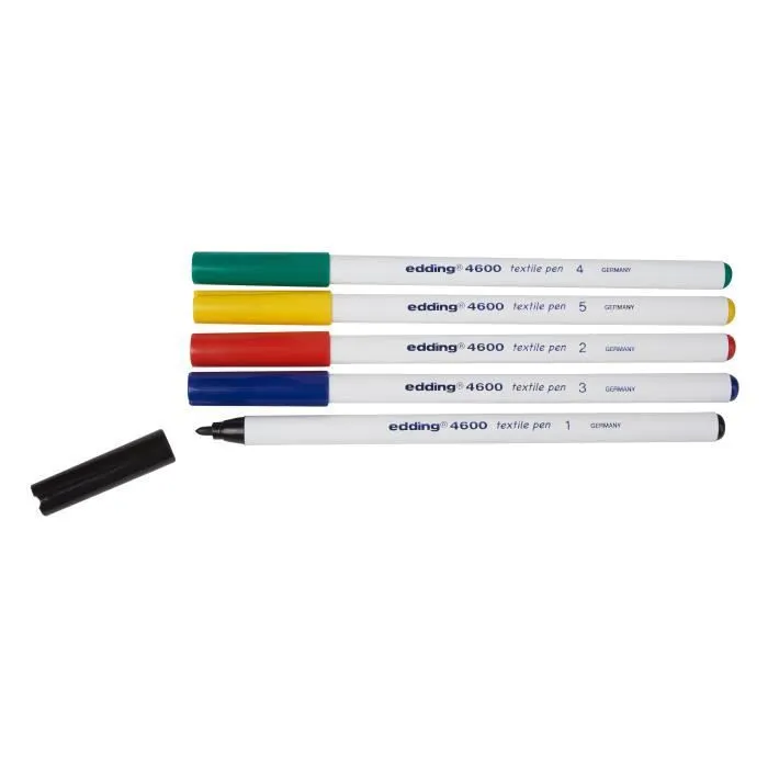 Feutres pour textiles - edding - 4600 - Set de 5 - Pointe 1 mm - Lavable à 60 °C-0