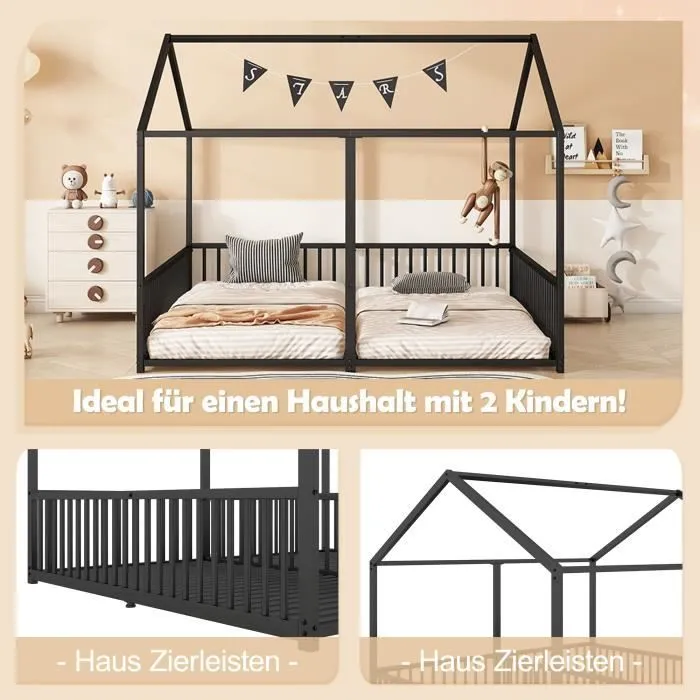 Lit cabane enfant - DREAMMESPACE - 90x200cm - Métal noir - 2 places - Balustrade de sécurité-2