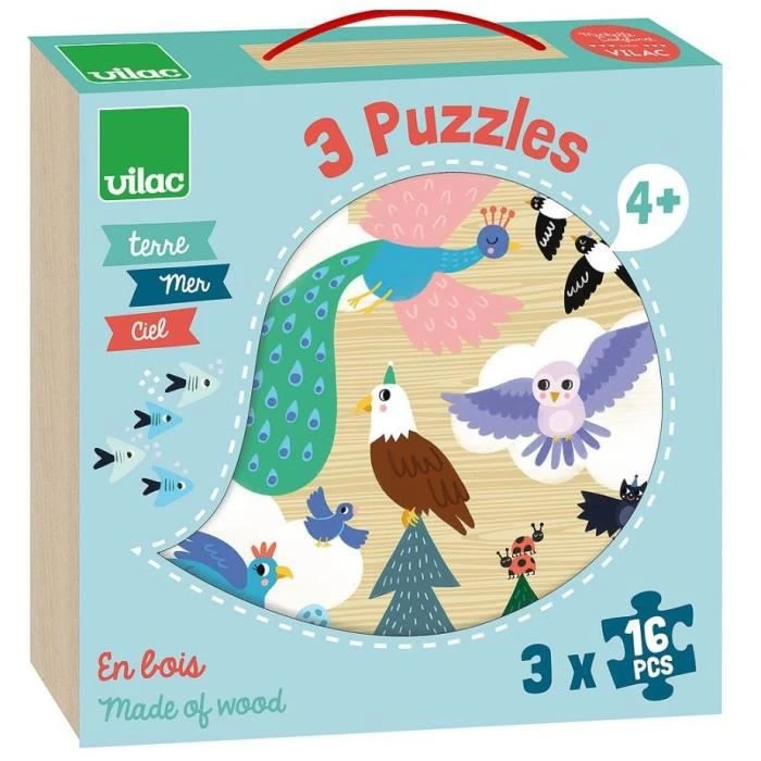 Puzzles en bois Terre Mer Ciel - Vilac - 3 puzzles de 16 pièces chacun-0