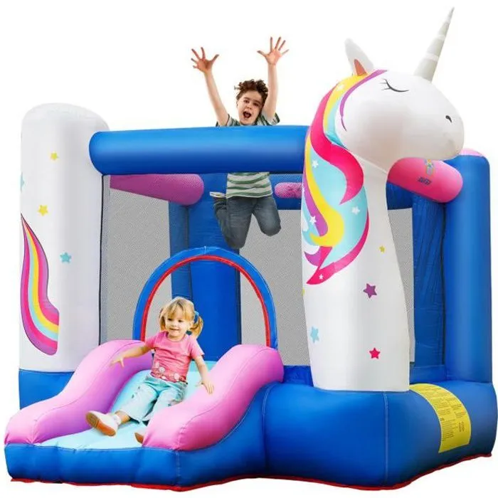COSTWAY Château Gonflable pour Enfants avec Toboggan Panier de Basket Thème Licorne Housse de Transport Piquets sans Souffleur-0