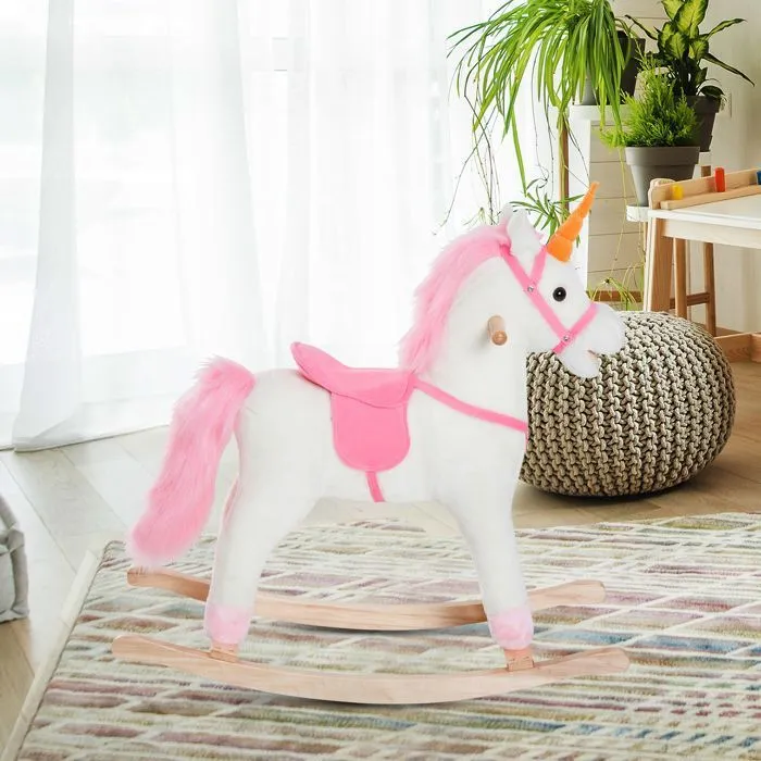 Cheval à bascule licorne à bascule selle grand confort peluche courte douce bois peuplier blanc rose-1