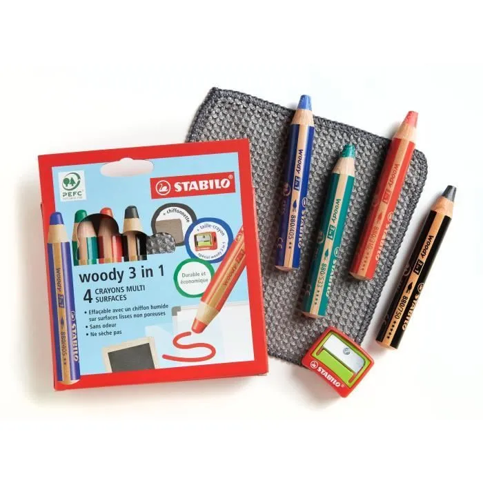 Etui carton x 4 crayons multi-talents STABILO woody 3in1 pour ardoises et tableaux blanc + 1 taille crayon + 1 chiffonnette - noir-1
