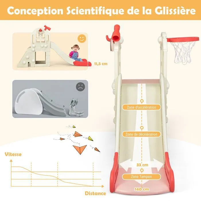 COSTWAY Toboggan pour Enfant 6 en 1 - Glisse de 140 CM, 3-8 Ans Toboggan Intérieure & Extérieure Rose-3