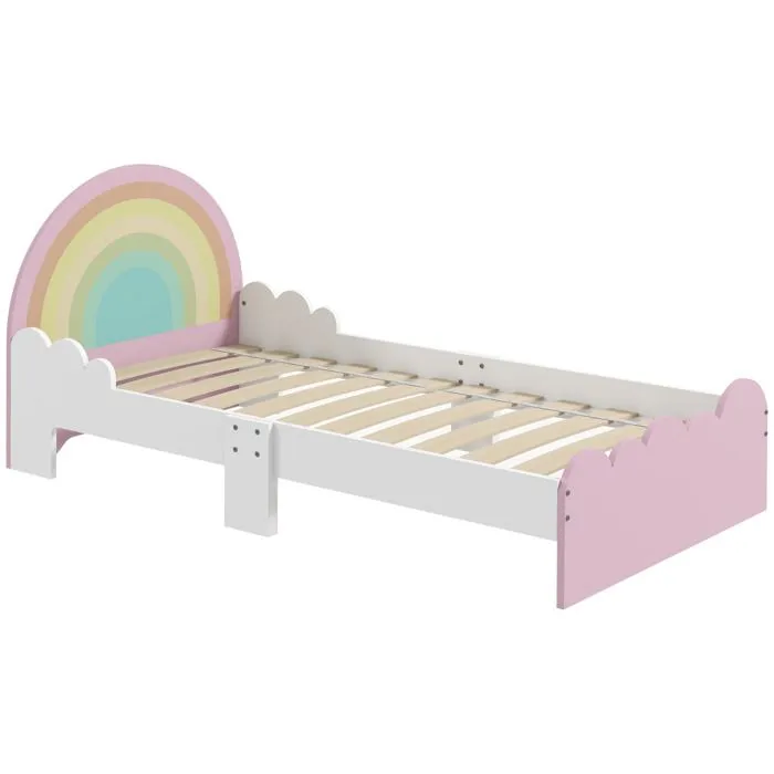 Lit enfant design girly motifs arc en ciel, nuages - sommier à lattes inclus - MDF contreplaqué rose blanc-0