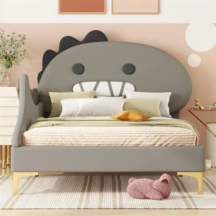 Lit d'enfant - Dinosaure - 90x200cm - PU - Gris - Tête de lit originale-0