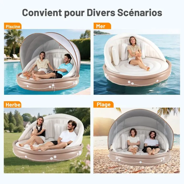 COSTWAY Matelas Gonflable À Eau Flottante avec Auvent rétractable et amovible, 3 Oreillers, 186 x 186 x 155 cm, 180KG-4