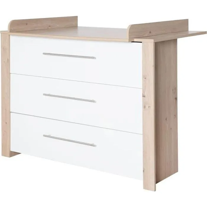 Commode à Langer ROBA - Malo - 3 Tiroirs à Fermeture Douce - Meuble à Langer avec Plan Amovible - Blanc - Chêne Clair-0