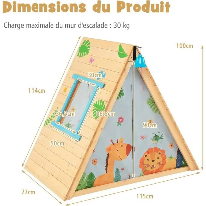 COSTWAY Maison de Jardin Enfants 2en1 avec Escalade, Cloche Imperméable Cabane en Bois de Sapin Exterieur et Intérieur 3 - 8 Ans-3