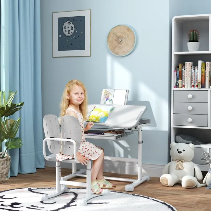 Bureau enfant avec chaise - AIYAPLAY - réglable en hauteur, plateau incliné 45°, tiroir et support de livre, gris-1