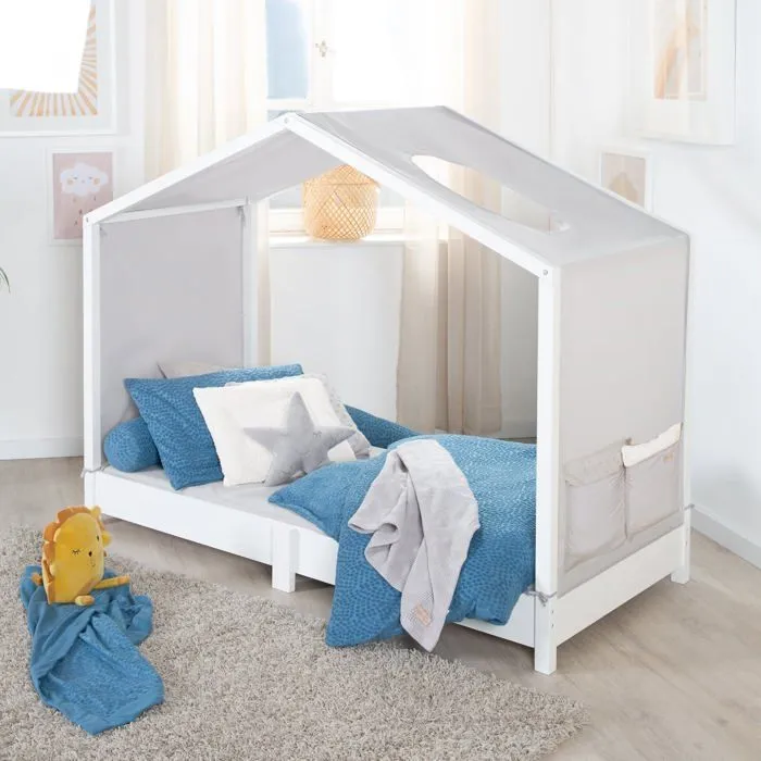 Toile de Lit Cabane Montessori 70x140 - ROBA - avec 2 Poches de Rangement et Fenêtre de Toit - Gris Clair-2