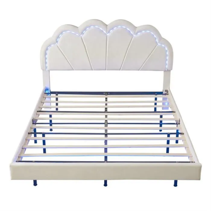 Lit double 140x200cm en velours avec lampes LED pour enfant et adolescents avec sommier à lattes et tête de lit couronne - Blanc-2