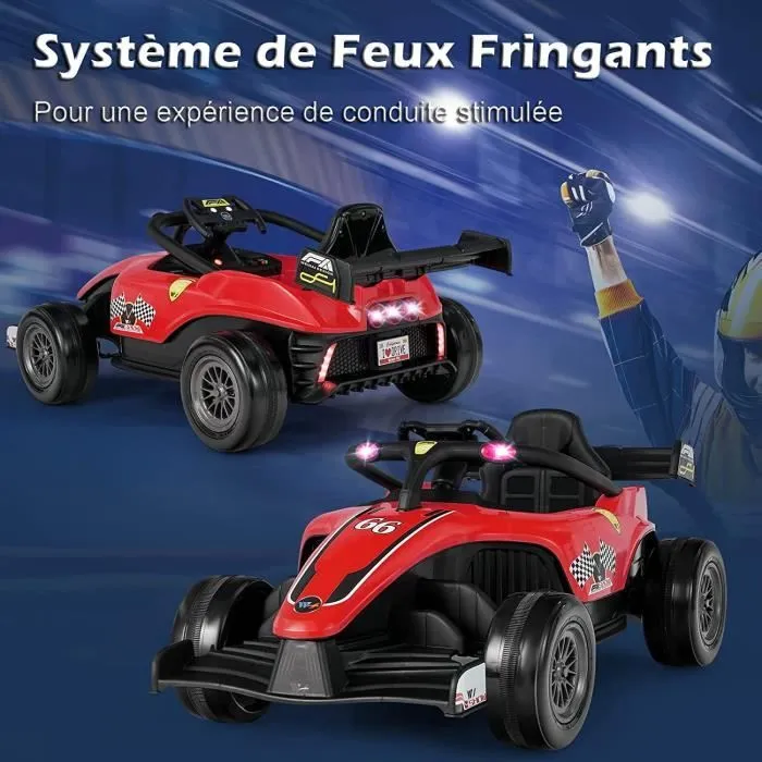 COSTWAY Voiture Électrique 12V7Ah pour Enfants 3 - 7 Ans, F1 Racing, 2 à 5 KM/H, Télécommande 2.4G, LED, USB, Klaxon, MP3, Rouge-1