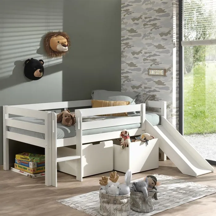 Lit mi-hauteur Pino avec toboggan + 2 tiroirs 90x200 cm - Vipack - Bois de pin massif - Gris-3
