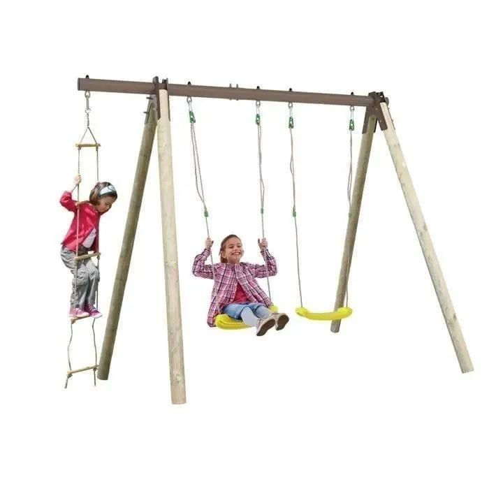 Portique bois et métal - 1,90m - 2 balançoires et 1 échelle - PIKI TRIGANO-1