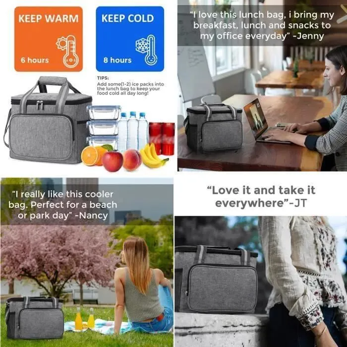 Sac Isotherme 15L, Glacière Souple Isotherme, Sac Picnic Pliable Grande Capacité Imperméable Sac Réfrigérant à Repas Gris-3