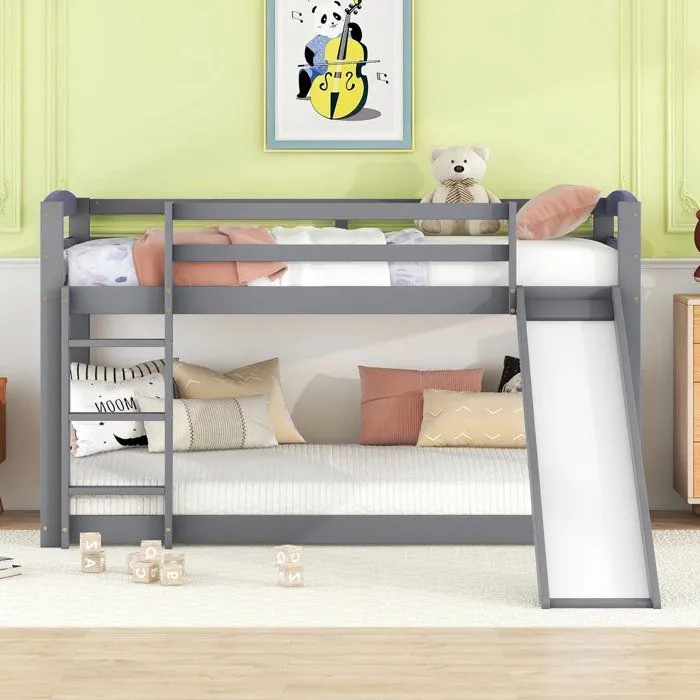 Lit superposé ado, Lit enfant avec glissières, Cadre en bois massif, Facile à monter, 90x200cm, Gris, Sans matelas-0