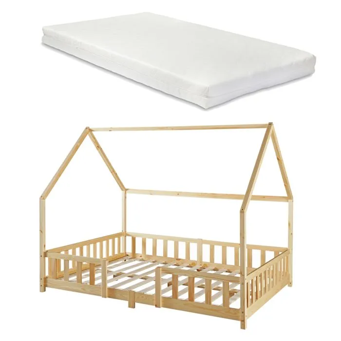 Lit d'enfant Forme Maison Sisimiut avec Matelas à Mousse à Froid 200 x 140 cm Naturel-1