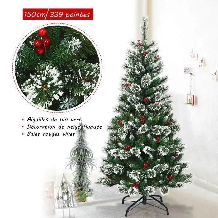 COSTWAY Sapin de Noël Artificiel 150cm avec Flocons de Neige Baies Rouges Dense Base en Métal PVC Design Dense Décoration de Fête-2