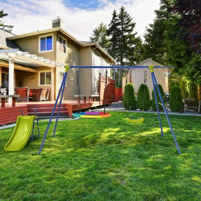 COSTWAY Portique avec Balançoire Nid d'Oiseau Ronde Ø82CM,Toboggan,Panier de Basket 4 en 1 Balançoire Extérieure Réglable 3-12 ans-5