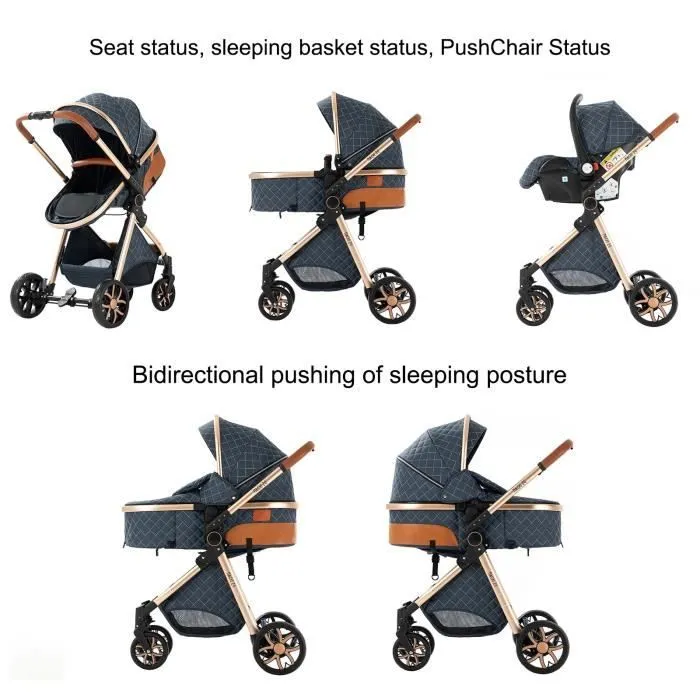 Poussette 3 en 1 Bébé Combinée Siège-Auto Nacelle Trio Réversible Réglable Haute Qualité Roues increvables Canne bleu.bazarland30-1