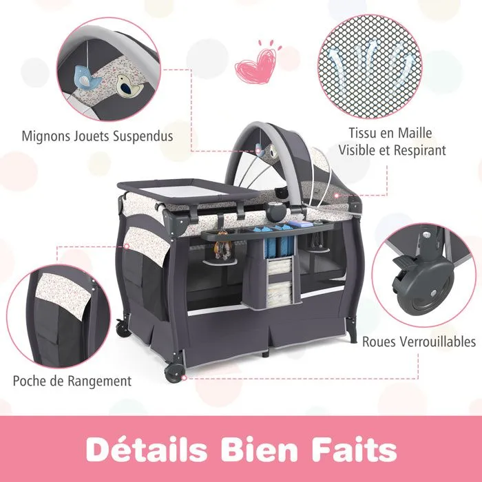 Lit Parapluie Bébé Pliant COSTWAY 4 en 1-avec Matelas,Boîte à Musique,Toit Réglable-Table à Langer Rabattable-3 Ans-Gris Fleuri-5