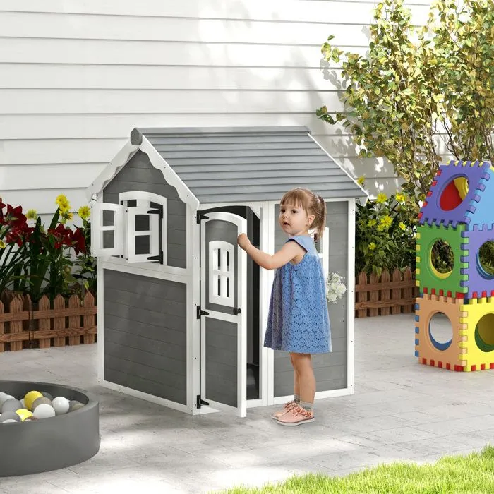 Cabane enfant extérieur Outsunny maison enfant extérieure, avec porte, fenêtres, bac à plantes, plancher - en bois gris-2
