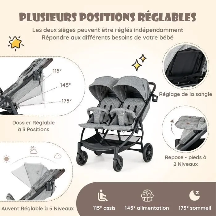 Bebeboutik COSTWAY Poussette Double 0 3 Ans Pliage a un Bouton Cote a Cote avec Dossier Reglable Auvent a 5 Niveaux Roues Freinees Charge 15KG