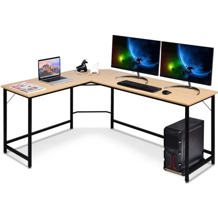 COSTWAY Bureau d’Angle Grand L168 x l125 x H74CM-Jusqu'à 3 Ordinateurs avec Support CPU Style industriel, Structure en Métal Naturel-0