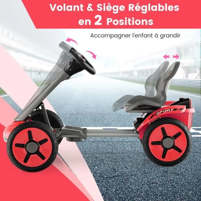 COSTWAY Kart Électrique 12V/4,5 Ah pour Enfants avec Siège & Volant Réglables, Démarrage Lent, LED, Porte-gobelet, 3-6 Ans, Rouge-1