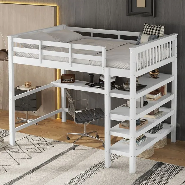 Lit mezzanine - AUTREMENT - 140x200cm - Bureau intégré - Rangement - Blanc-1