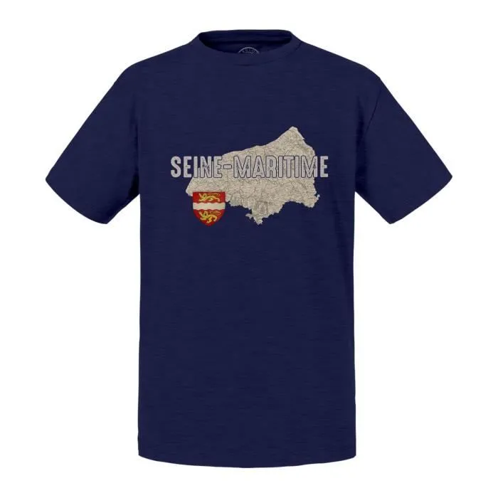 T-shirt Enfant Bleu Seine Maritime 76 Département Carte Ancienne Rouen-0